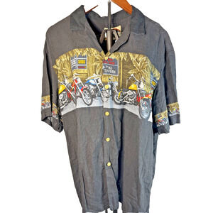 Paradise Found Hawaiian Shirt Motorcycle Print Rayon Camp Shirt XL Vintage